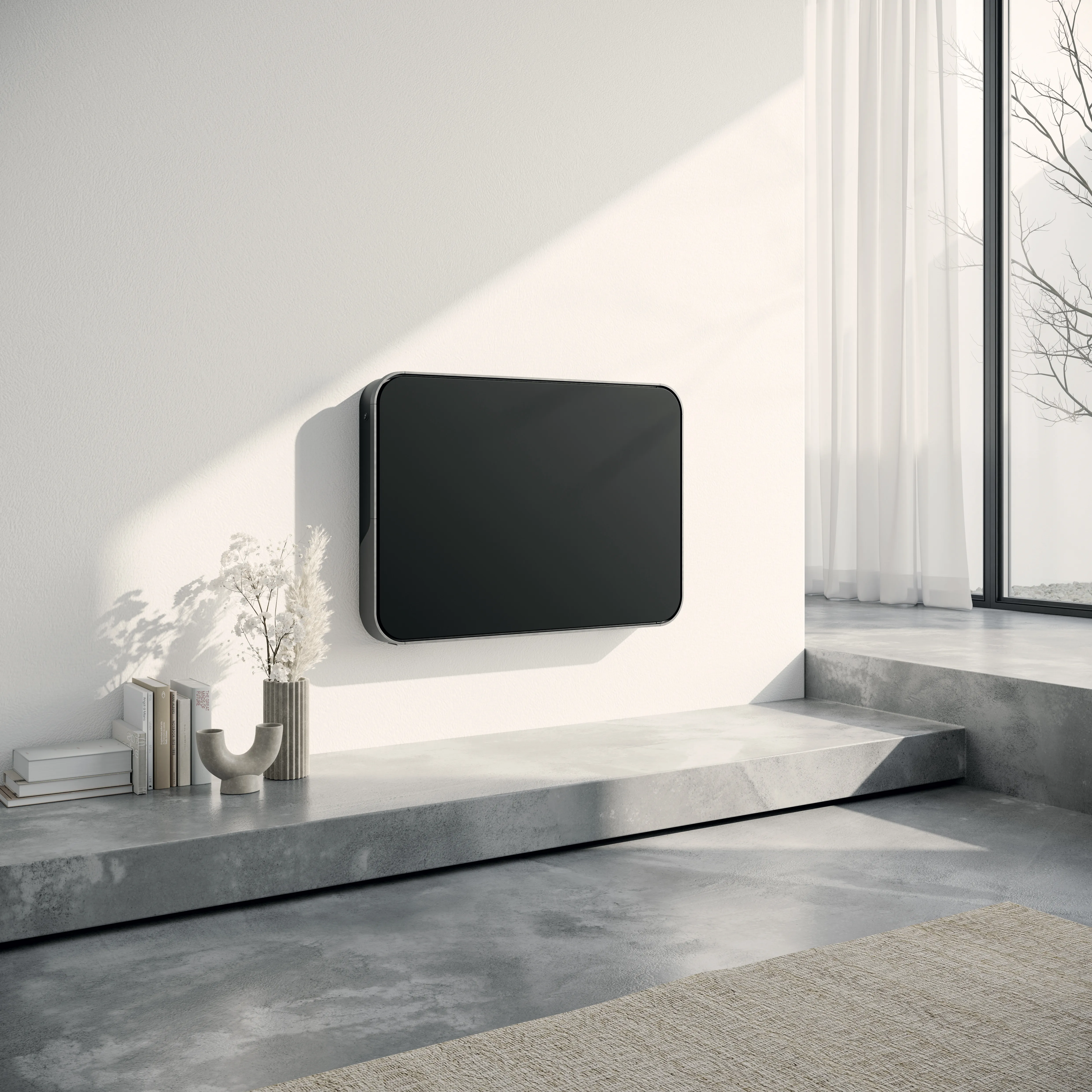 Horizontaler schwarzer Designheizkörper Relax Hybrid vom Hersteller Bemm im modernen Wohnzimmer.