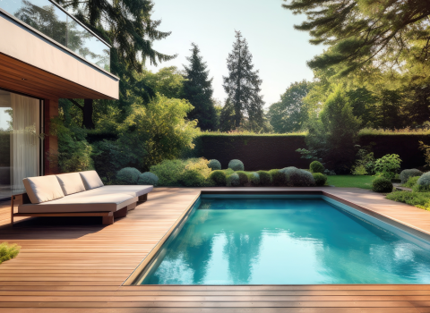 Schwimmbecken mit Holzumrandung neben Haus und Bäumen.