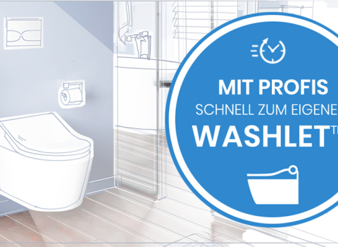 WASHLET-Illustration mit Banner "Mit Profis schnell zu eigenen WASHLET".