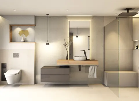 Fotoralistischer Planungsentwurf eines hellen Premiumbades mit Glasdusche, großem Spiegel und hängendem Waschtisch. Das minimalistische Design in Naturtönen sorgt für modernes Flair.
