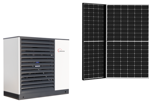 Wärmepumpe Solvis Mia und PV Modul tiger neo n-typ vor neutralem Hintergrund.