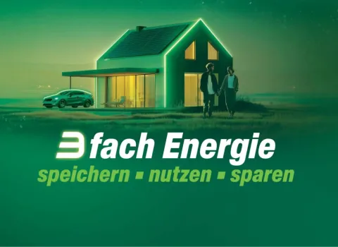 Header mit E3DC-Slogan, Haus und E-Auto in grüner Umgebung.