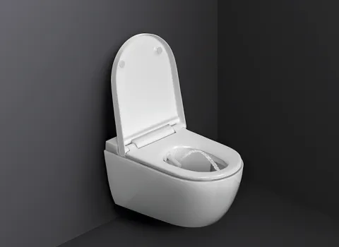 Offenes Dusch-WC mit wasserspritzender Stabdusche.