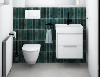 3D-Entwurfsplanung Gäste-WC mit blau-grünen Design-Fliesen.