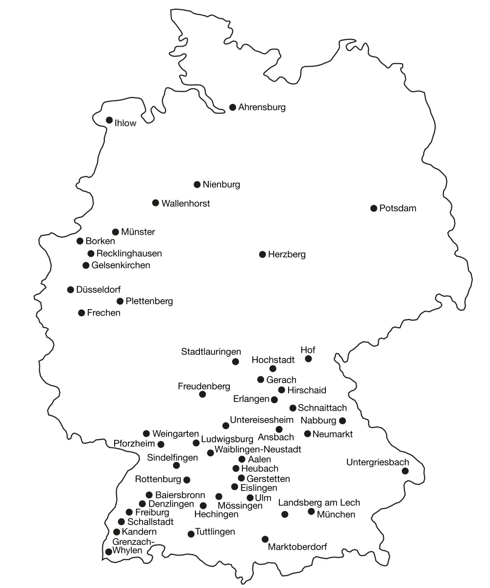 Deutschlandkarte mit den Standorten der Mitgliedsbetriebe der bad & heizung concept AG.