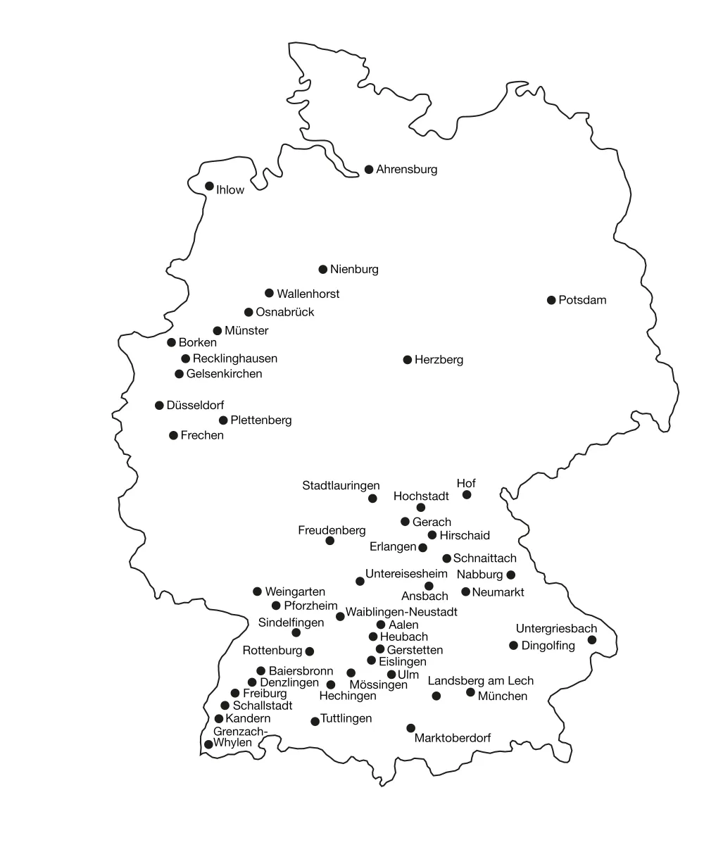 Deutschlandkarte mit den Standorten der Mitgliedsbetriebe der bad & heizung concept AG.