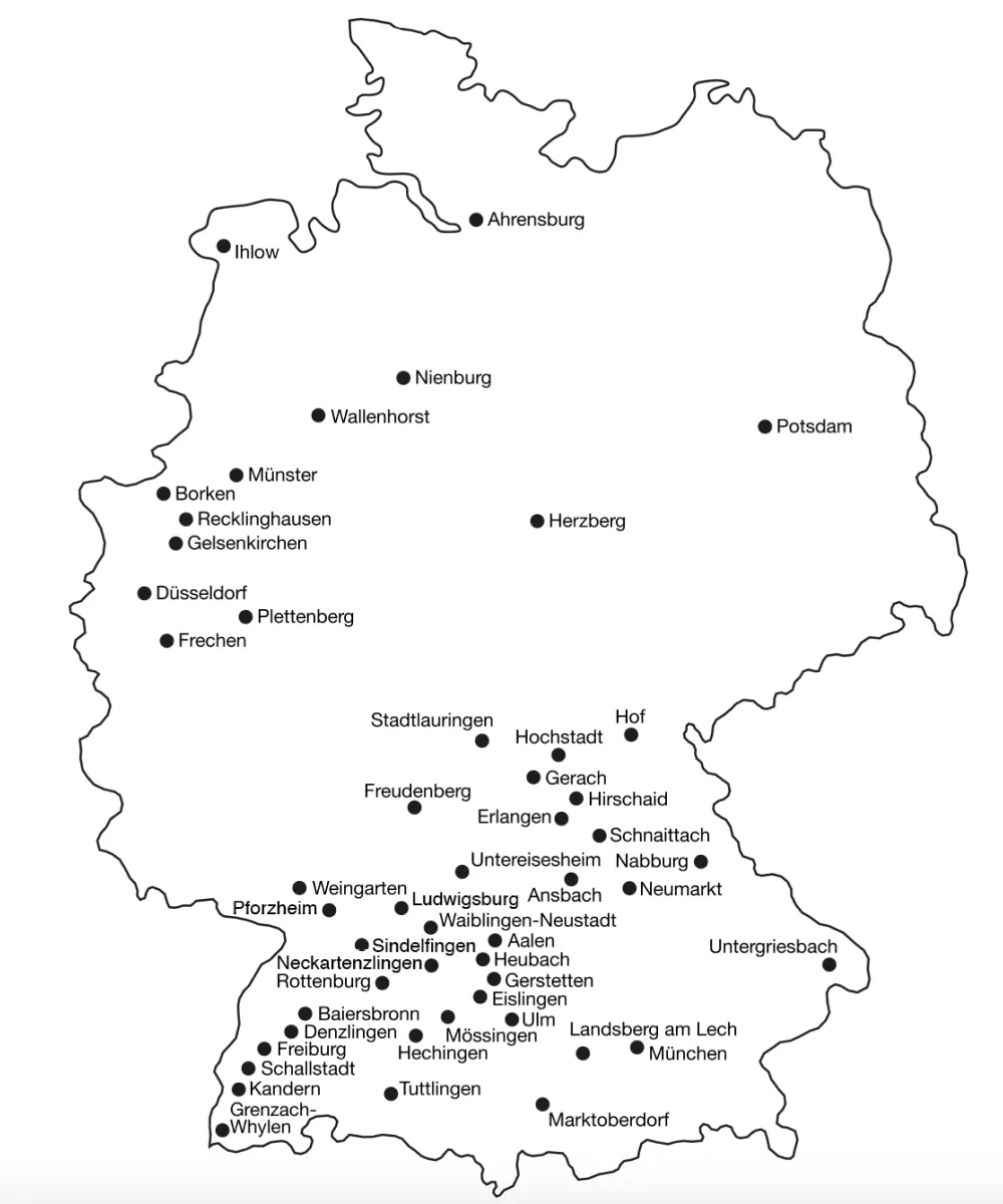 Deutschlandkarte mit den Standorten der Mitgliedsbetriebe der bad & heizung concept AG.