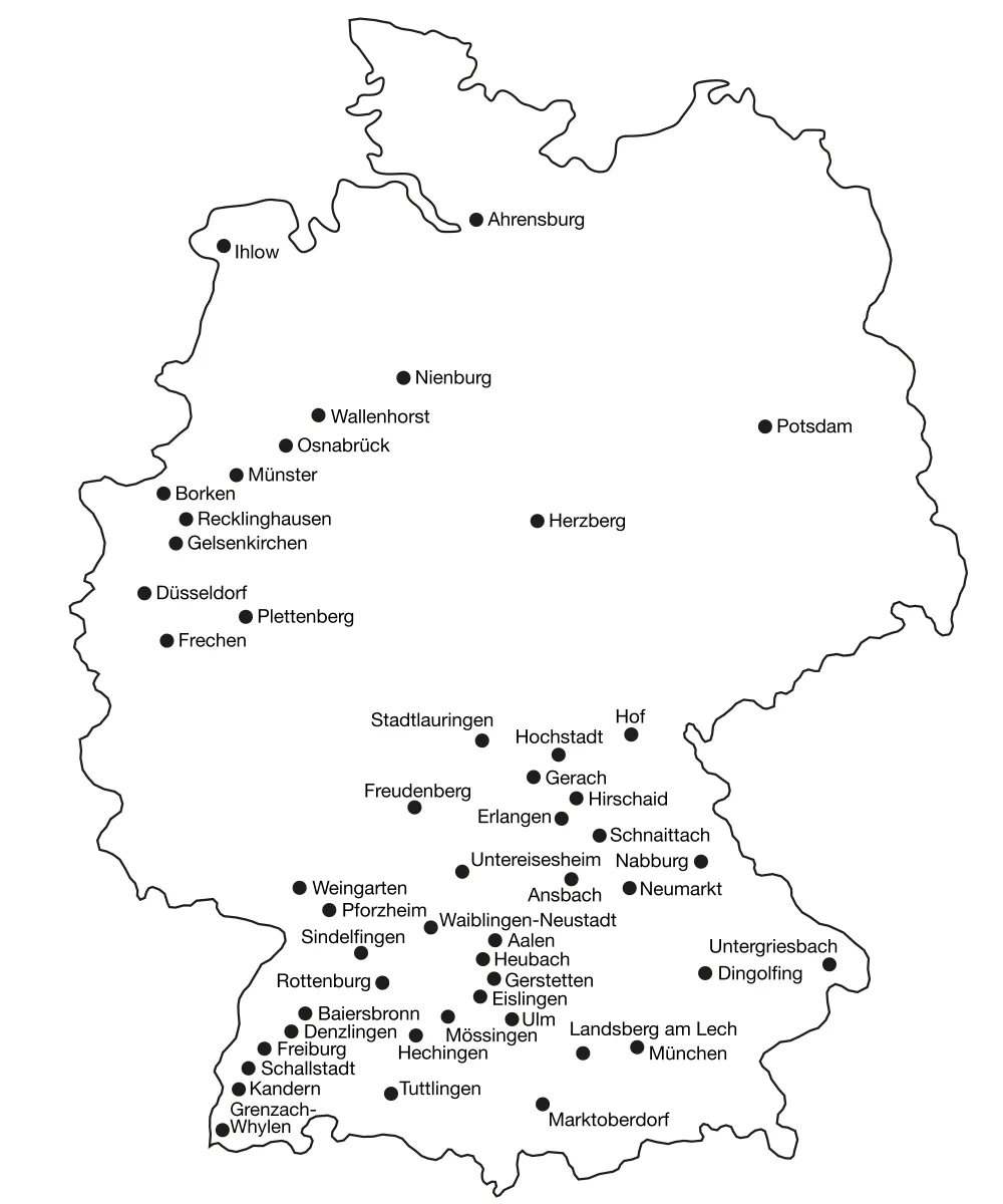 Deutschlandkarte mit den Standorten der Mitgliedsbetriebe der bad & heizung concept AG.